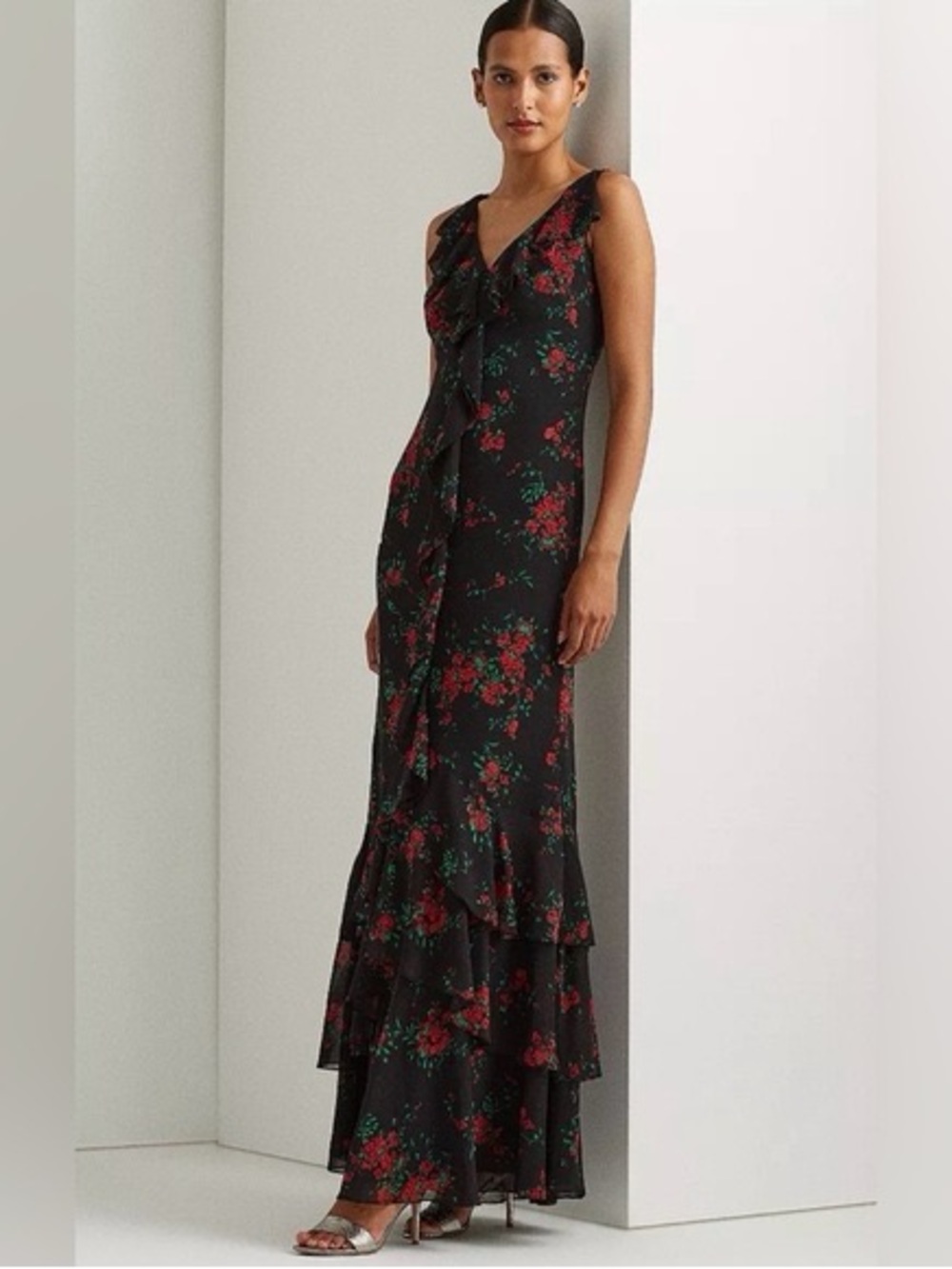Lauren Ralph Lauren Black Maxi Dress with Red Floral Print